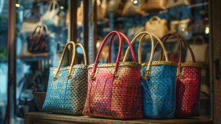 Colorful Woven Handbags on Display in a Boutique Showcasing Craftsmanship and Style in a Bustling Marketplace Setting. Generative AIの素材