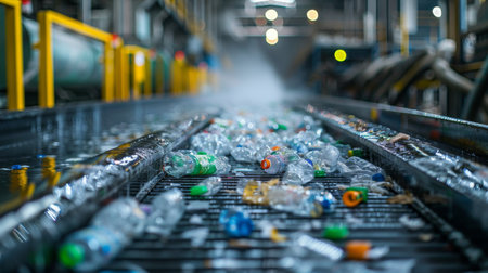 Sorting Facility Processes Recyclable Plastic Waste With Various Bottles Scattered on Conveyor Belt. Generative AIの素材