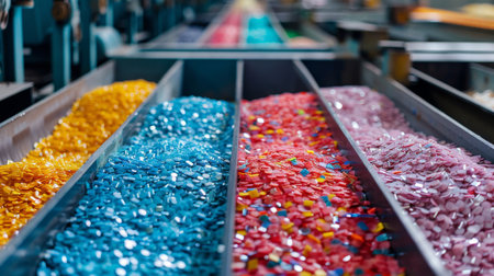 Colorful Plastic Granules Sorted in Processing Facility Showcasing Vibrant Hues in Organized Rows. Generative AIの素材