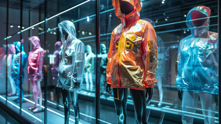 Display of Futuristic Fashion Jackets in a Modern Retail Store Showcasing Innovative Design and Vibrant Colors. Generative AIの素材