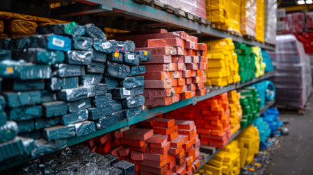 Vibrant Display of Colored Building Materials on Shelves in a Construction Supply Warehouse During Daylight Hours. Generative AIの素材