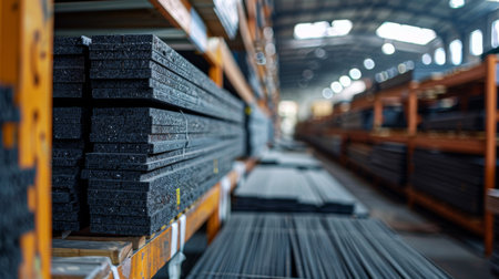 Steel Materials Stored in a Warehouse With Organized Shelving and Good Lighting Capturing Industrial Activity. Generative AIの素材
