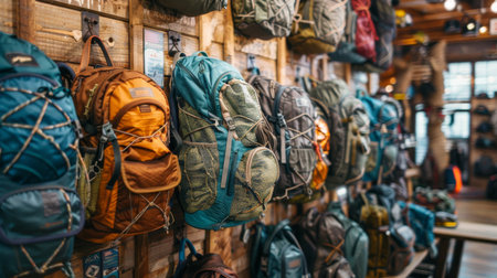Variety of Colorful Hiking Backpacks Displayed on a Wooden Wall in an Outdoor Gear Store During the Daytime. Generative AIの素材