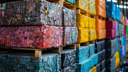 Colorful Stacks of Recycled Plastic Blocks in a Storage Facility Showcasing Sustainable Materials Processing. Generative AIの素材