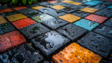 Colorful Tiles Covered in Water Droplets Create a Vibrant Pattern on a Wet Surface After a Rain Shower in a Lush Outdoor Space. Generative AIの素材