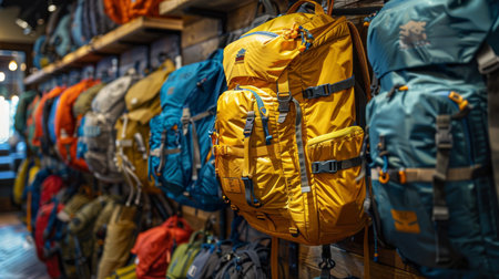 Colorful Selection of Backpacks Displayed in an Outdoor Gear Store With Vibrant Shades and Varying Styles Showcased on Wooden Shelves. Generative AIの素材