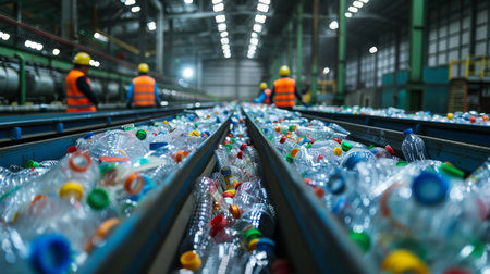 Workers Sorting Plastic Bottles at a Recycling Facility in the Daylight During a Busy Weekday. Generative AIの素材