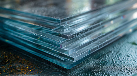 Stacked Glass Panels With Droplets Resting on a Reflective Surface in a Well Lit Environment. Generative AIの素材