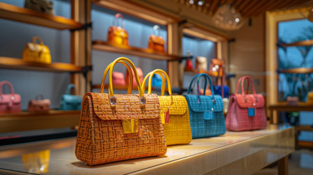 Colorful Designer Handbags Displayed on Shelves in a Boutique Setting Located in a Modern Shopping Area During Daylight Hours. Generative AIの素材