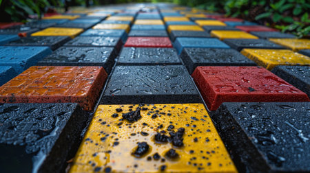 Colorful Cobblestone Pathway Glistens With Rainwater in a Vibrant Outdoor Setting During a Calm Afternoon. Generative AIの素材