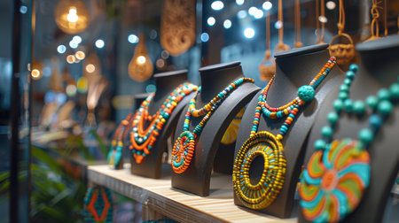 Colorful Handmade Jewelry Displayed in a Market Setting During a Sunny Day in a Vibrant Shopping Area. Generative AIの素材
