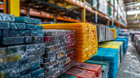 Colorful Stacks of Resin Sheets Organized on Shelves in a Warehouse During the Afternoon Light. Generative AIの素材