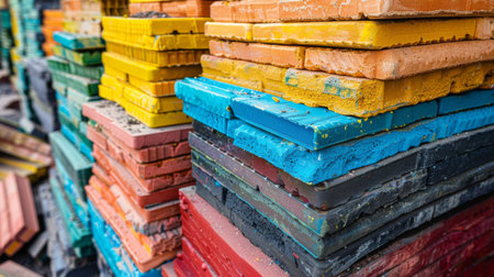 Colorful Stacks of Building Materials Display Vibrant Hues in a Construction Yard During a Sunny Afternoon. Generative AIの素材