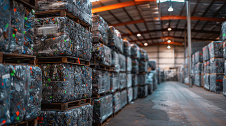 Industrial Warehouse Filled With Stacked Bales of Recyclable Materials Arranged in Organized Rows During Daylight Hours. Generative AIの素材