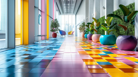Vibrant Hallway With Colorful Tiled Floor and Modern Seating in a Contemporary Office Space During Daylight Hours. Generative AIの素材