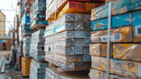 Construction Materials Stacked Neatly at a Busy Industrial Site During Daylight Hours With Equipment and Structures in View. Generative AIの素材