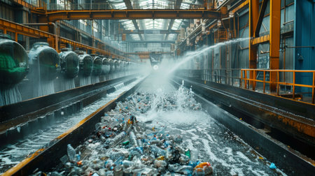 Water Jets Remove Plastic Waste From a Recycling Facility in a Large Industrial Space During Daylight Hours. Generative AIの素材