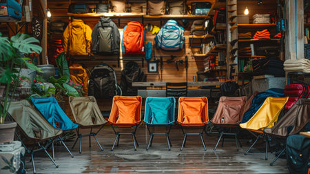 Colorful Chairs in a Cozy Outdoor Gear Shop With Backpacks Hanging on the Wall During Daylight Hours. Generative AIの素材