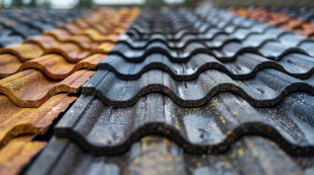 Close up View of Textured Metal Roofing Showcasing Rust and Patina From Exposure to Elements Over Time. Generative AIの素材