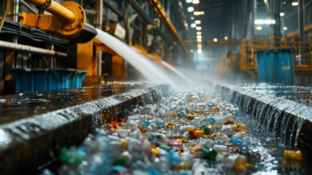 Plastic Waste Flowing Through an Industrial Facility While Machinery Processes Recycling. Generative AIの素材