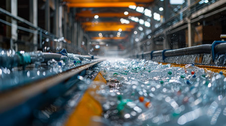 Industrial Recycling Facility Processes Plastic Bottles for Environmental Sustainability in a Large Workshop During Daylight Hours. Generative AIの素材