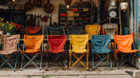 Colorful Camping Chairs Arranged Outside a Quaint Shop in a Vibrant Market Setting in the Afternoon Light. Generative AIの素材