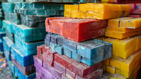 Vibrant Blocks of Various Colors Stacked in an Artisan Craft Market Showcasing the Beauty and Variety of Handmade Soap Bars During a Sunny Afternoon. Generative AIの素材
