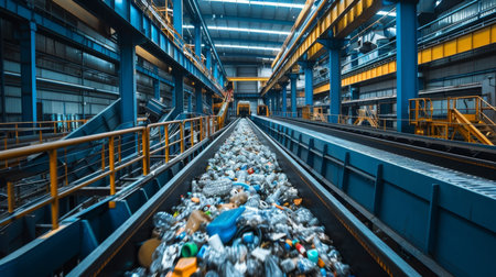 Industrial Recycling Facility Showcasing Conveyor Belt Transporting Mixed Waste Materials During Daytime Operations. Generative AIの素材