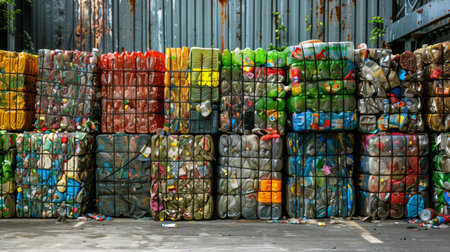 Colorful Bales of Recycled Plastic Stacked Neatly in an Industrial Facility During the Daytime. Generative AIの素材