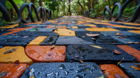 Vibrant Pathway Leads Through a Lush Forest Garden in a Tranquil Setting After Light Rain. Generative AIの素材