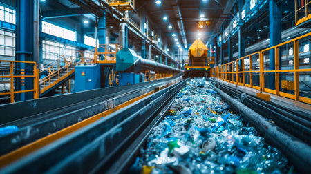 Conveyor Belt Carries Sorted Plastic Waste Through Recycling Facility During Daylight Hours With Industrial Equipment in View. Generative AIの素材