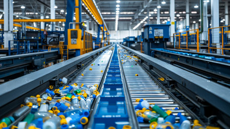 Conveyor Belt Transporting Plastic Bottles in a Recycling Facility Highlighting Waste Management Efforts in a Modern Industrial Setting. Generative AIの素材