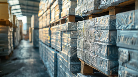 Stacked Aluminum Sheets Organized Neatly in a Warehouse During Late Afternoon Sunlight in an Industrial Area. Generative AIの素材