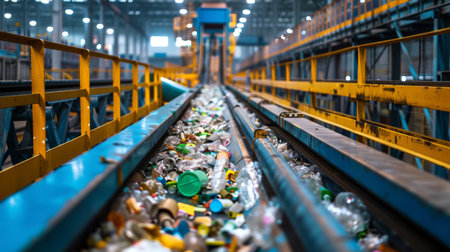 Conveyor Belt Transporting Various Materials in a Recycling Facility During Daylight Hours. Generative AIの素材