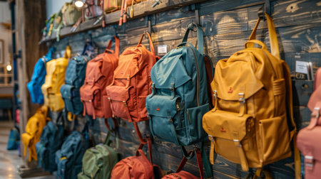 A Vibrant Array of Colorful Backpacks is Artistically Arranged Against a Rustic Wooden Wall Inside a Retail Store, Celebrating the Beauty of the Autumn Season. This Captivating Scene Showcases the Creativity of Generative AIの素材