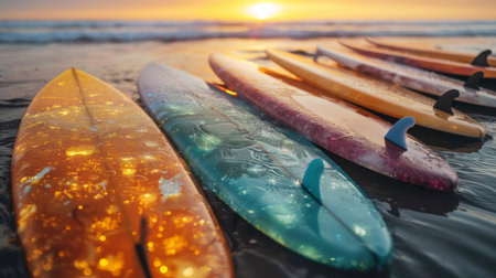Colorful Surfboards Lined up on the Shore During Sunset at a Beach, Reflecting the Warm Golden Light From the Sun. Generative AIの素材