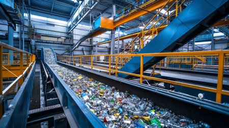 Sorting and Processing Facility for Recyclable Materials With Conveyor Belts Transporting Plastics During Daylight Hours. Generative AIの素材