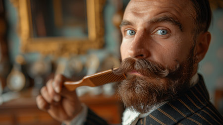 Elegant Man Grooming His Well Crafted Facial Hair With a Comb in a Vintage Setting Filled With Ornate Decorations. Generative AIの素材