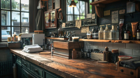 Vintage Barber Shop Interior With Wooden Counter and Grooming Supplies in a Cozy Atmosphere During the Day. Generative AIの素材