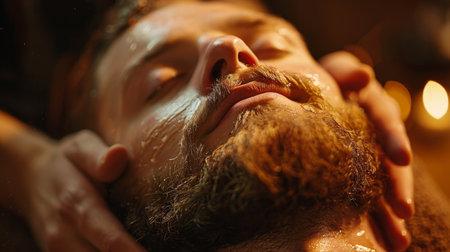Relaxing Grooming Session for a Man With a Beard in a Serene Environment During Evening Hours. Generative AIの素材