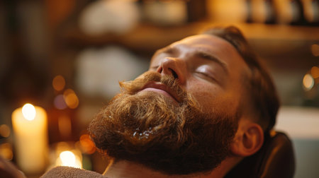 Relaxing Moment During a Beard Grooming Session at a Cozy Barbershop in the Evening With Soft Candlelight Casting a Warm Glow. Generative AIの素材