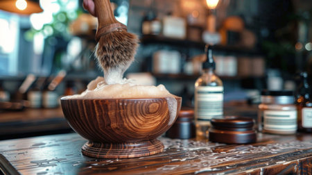 Crafting Lather in a Rustic Grooming Shop With Handmade Products and Soothing Atmosphere in the Afternoon Light. Generative AIの素材