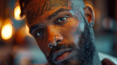 Unique Portrait of Man With Intricate Tattoos and Expressive Gaze in a Dimly Lit Urban Setting. Generative AIの素材