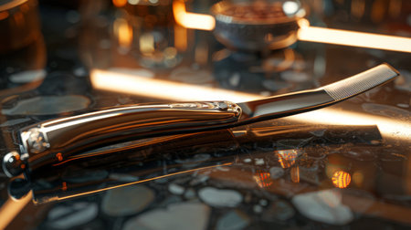 Trendy Barbershop Tools Arranged Elegantly on a Stylish Countertop With Ambient Lighting at a Modern Grooming Space. Generative AIの素材