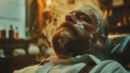 Bearded Man Relaxing During a Traditional Hot Towel Shave in an Old Fashioned Barber Shop in the Early Evening. Generative AIの素材