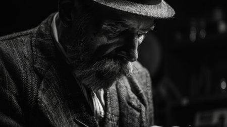 Experienced Artisan Focused on Detailed Craftsmanship in a Dimly Lit Workspace Highlighting Traditional Skills. Generative AIの素材