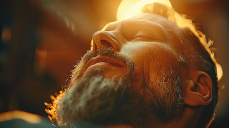 Man With a Beard Enjoying Warm Sunlight While Closing His Eyes, Immersed in a Moment of Peace and Tranquility in a Cozy Indoor Setting at Dusk. Generative AIの素材