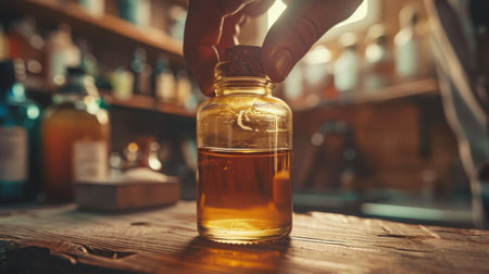 Hand Pouring Essential Oil Into Glass Bottle With Wooden Counter in a Rustic Setting Filled With Various Jars During Afternoon Sunlight. Generative AIの素材