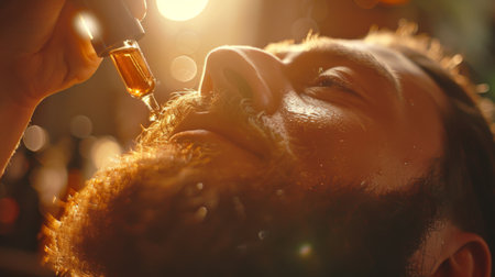 Man Applying Beard Oil Carefully in Warm Light During an Intimate Grooming Session at Home in the Evening. Generative AIの素材