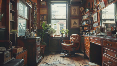 Cozy Barbershop With Vintage Decor and Warm Ambiance Inviting Customers to Relax and Enjoy Grooming Services. Generative AIの素材